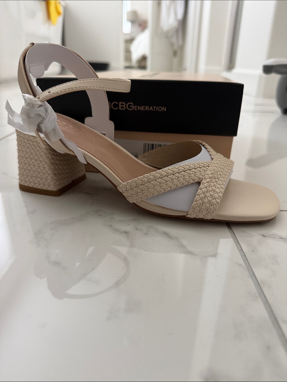 BCBG Women's Braided Strap Block Heel Sandals in Cream